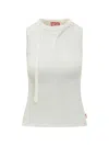 Diesel Sleeveless Ribbed Zip-front Top With Tie Strap In White