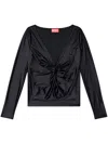 Diesel Long Sleeved Gathered V-neck Top With Chintz Finish In Black