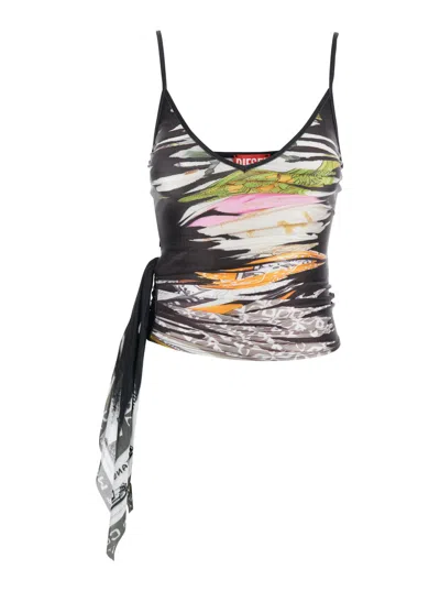 Diesel T-lovsky Black Top With V-neck And Thin Straps In Tech Fabric Woman