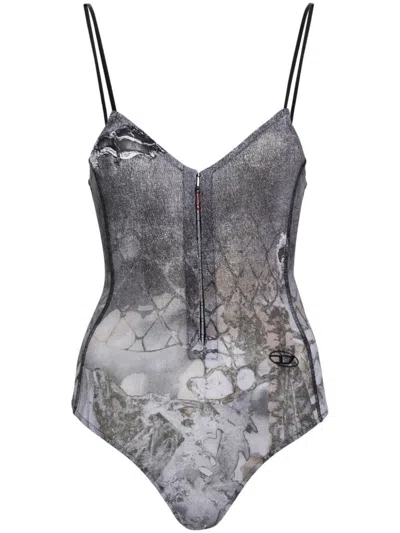 Diesel T-lye-n1 Strappy Bodysuit With Abstract Print In Grey