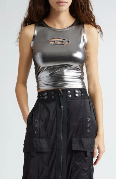 Diesel ® T-lynys Logo Cutout Foiled Jersey Tank In Deep Silver/black