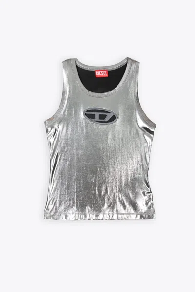 Diesel T-lynys Metallic Silver Coated Jersey Tank Top With Logo - T Lynys In Argento