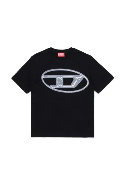 Diesel Kids' T-shirt In Jersey Con Maxi Logo Oval D Bicolor In Black