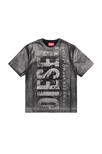 Diesel Kids' T-shirt In Jersey Effetto Vissuto Con Maxi Logo In Black