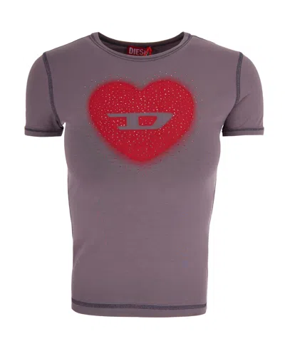 Diesel Slim T-shirt With Heart Print And Studs In Gray