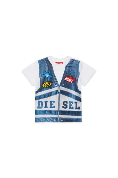 Diesel Kids' T-shirt With Denim Vest-effect Print In White
