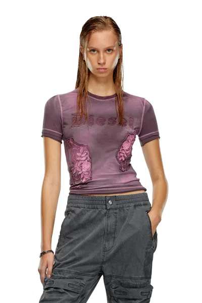 Diesel T-shirt With Embroidered Floral Patches In Violet