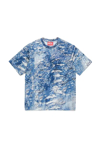 Diesel Kids' T-shirt With Torn Denim Effect Print In Blue