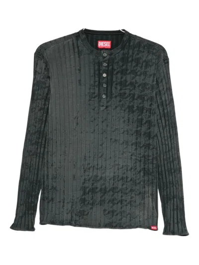 Diesel Houndstooth Pattern Long Sleeve Ribbed Knit Top In Green
