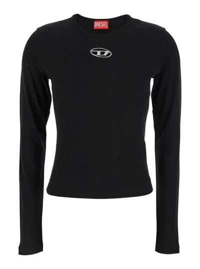 DIESEL 'T-UNCUTIE' BLACK TOP WITH CUT-OUT DETAIL AND LOGO PATCH ON THE FRONT IN COTTON WOMAN