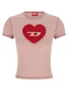 Diesel Pink Crew Neck T-shirt With Front Print And Beaded Details In Cotton Woman In Gold