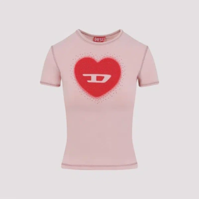 Diesel Women Pink Crew Neck T-shirt With Front Print And Beaded Details In Cotton Woman In Gold