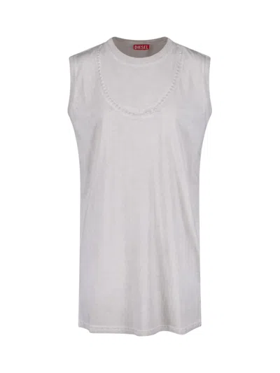 Diesel Sleeveless Round Neck Tank Top With Embroidered Detailing In White