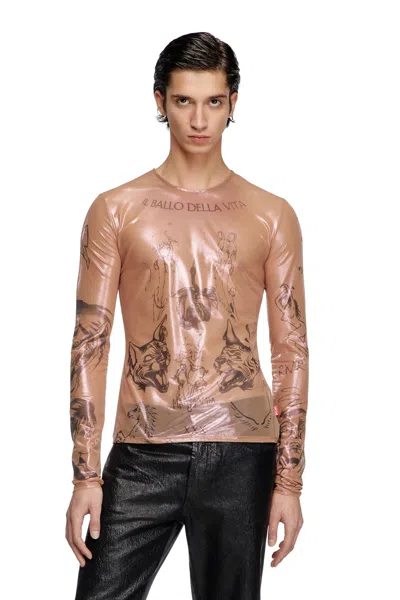 Diesel Tattoo Top In Coated Stretch Tulle In Pink