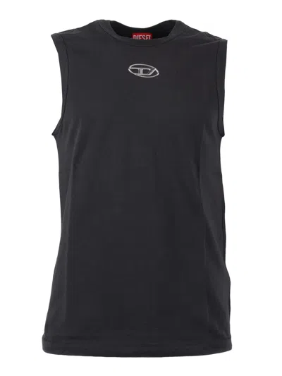Diesel T-bisco-iod Black Sleeveless Top With Logo Detail On The Front In Cotton Man In Metallic