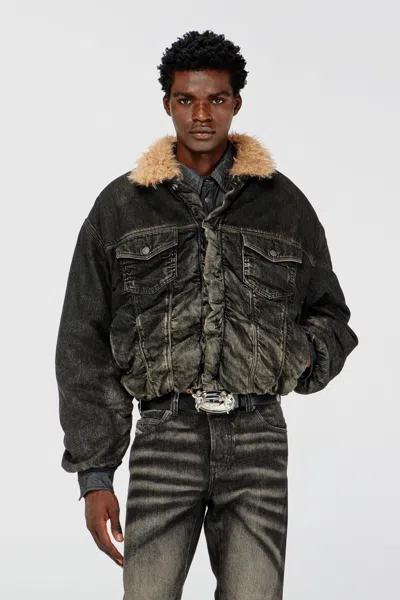 Diesel Teddy-lined Trucker Jacket In Dirty-effect Denim In Multi