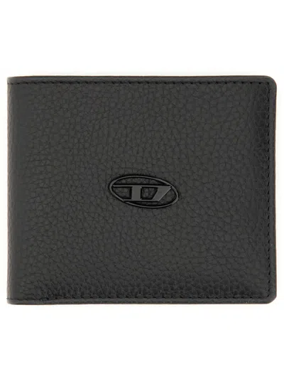 Diesel Textured Bi-fold Wallet With Oval Emblem In Red