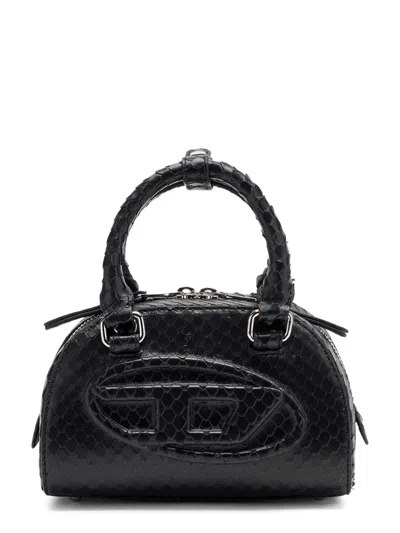 Diesel 1dr Dome-mini Bowling Bag In Snake-effect Leather In Black