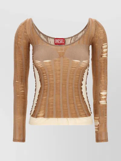 Diesel Textured Distressed Sheer Panel Long Sleeve Top In Beige