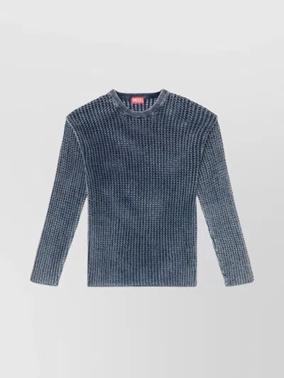 Diesel Textured Knit Crewneck Sweater With Ribbed Finish In Blue