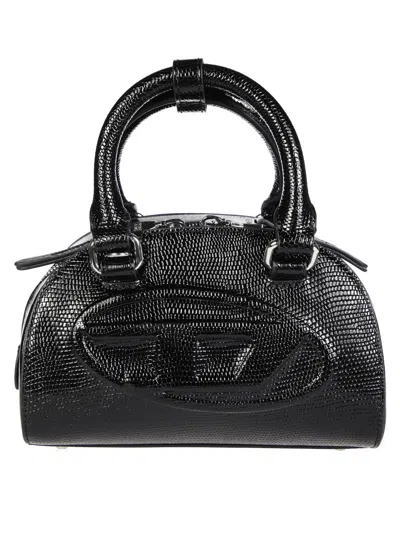 Diesel Textured Structured Black Handbag With Fur Pom-pom