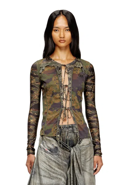 Diesel Tie Cardigan With Mixed Camo Prints In Green