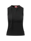 Diesel Sleeveless Ribbed Zip-neck Top With Long Tie Detail In Black