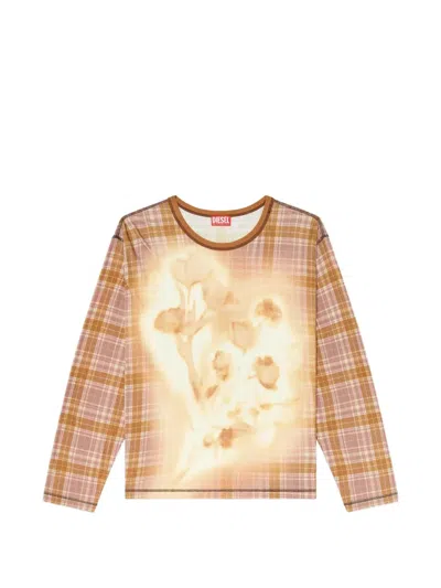 Diesel T-joy-ls Check-print T-shirt In Neutral