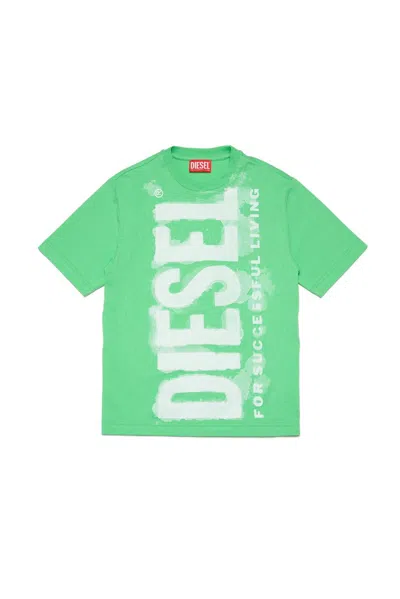 Diesel Kids' Tjuste16 Logo Printed Crewneck T-shirt In Green