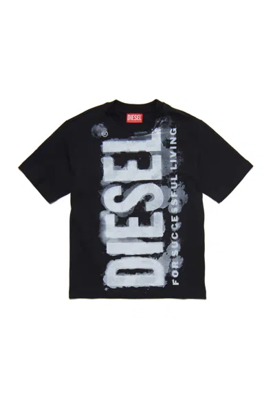 Diesel Kids' Tjuste16 Over T-shirt  Crew-neck Jersey T-shirt With Watercolor Effect Logo In Black