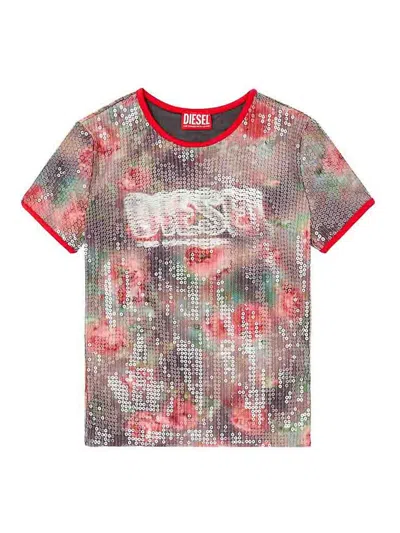 Diesel T-unkyel Sequinned Skinny Floral Print Jersey Top In Multi