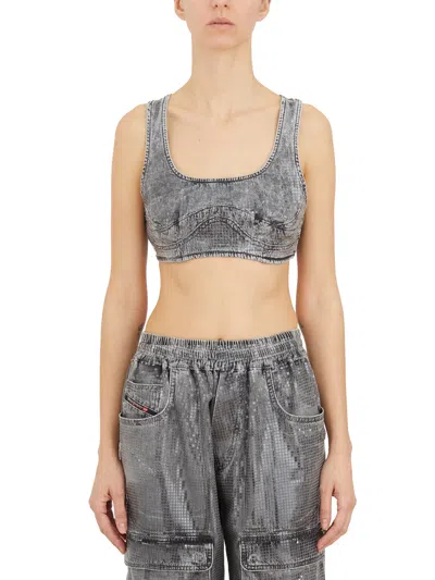 Diesel Top In Denim Con Micro Paillettes In Gray