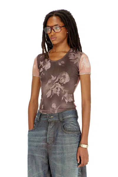 Diesel Top In Floral-print Ribbed Jersey In Brown