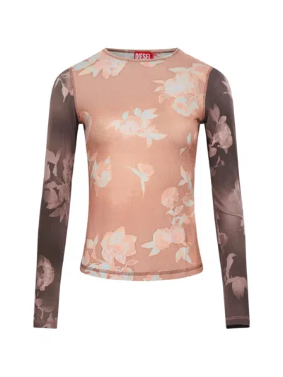 Diesel Top In Floral-print Ribbed Jersey In Brown