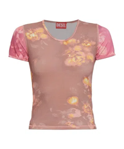 Diesel Top In Floral-print Ribbed Jersey In Pink