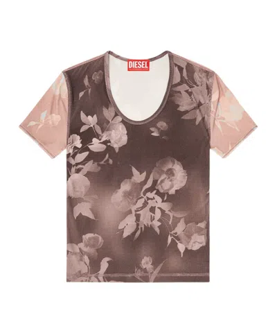 Diesel Top In Floral-print Ribbed Jersey In Neutral
