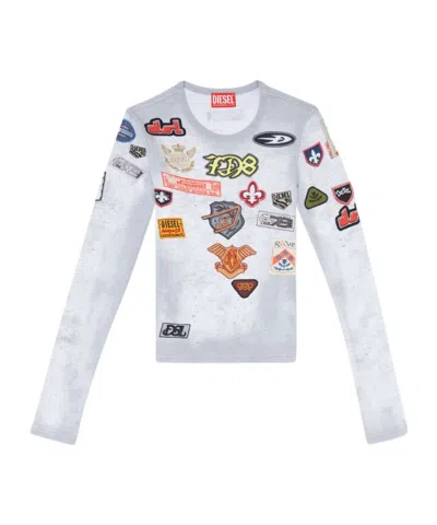 Diesel Top In Ribbed Jersey With All-over Patch Print In White
