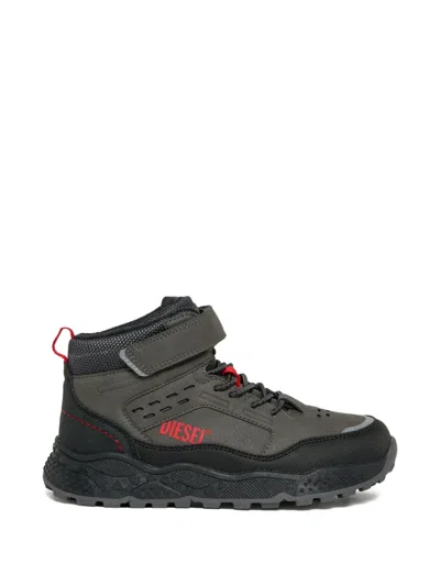 Diesel Kids' Touch-strap Lace-up Boots In Gray