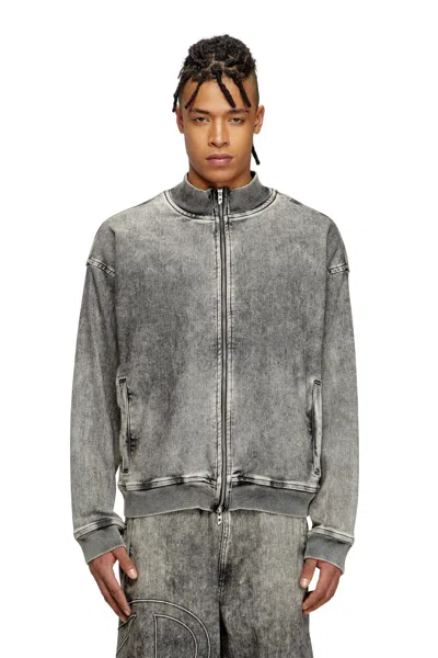Diesel Track Denim Zip-up Sweater With Oval D In Gray