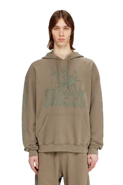 Diesel Treated Hoodie With Griffin Print In Brown