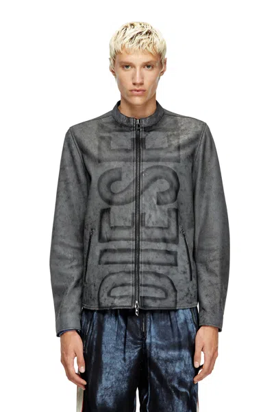 Diesel Treated Leather Biker Jacket With Faded Logo