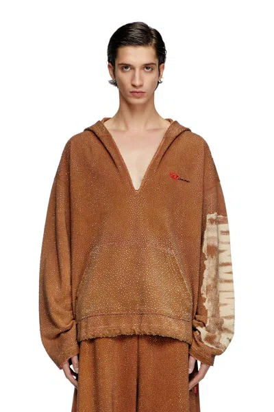 Diesel Treated V-neck Hoodie With Crystals In Brown