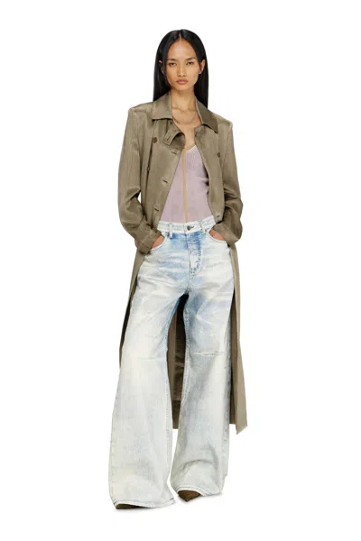 Diesel Trench Coat In Wrinkled Satin In Green