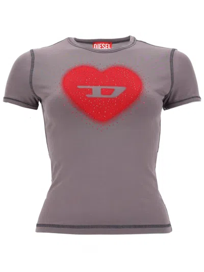 Diesel Slim T-shirt With Heart Print And Studs In Gray