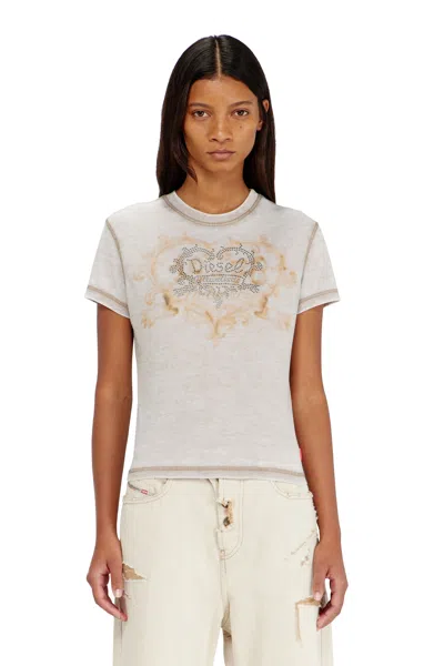 Diesel Jersey T-shirt With Rhinestones And Burnout Effect In Gray