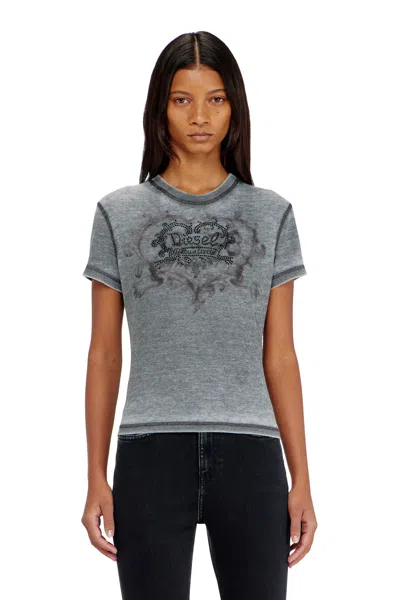Diesel Jersey T-shirt With Rhinestones And Burnout Effect In Gray