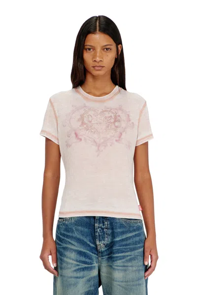 Diesel Jersey T-shirt With Rhinestones And Burnout Effect In Pink