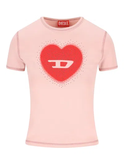 Diesel Digital Heart Print With Studded Details T-shirt In Pink