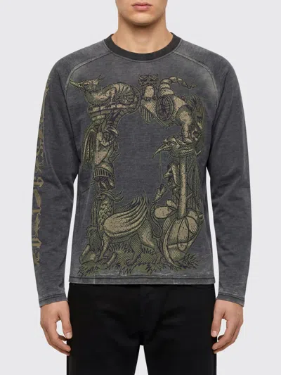 Diesel Men Grey Crew Neck T-shirt With Long Sleeves And Front Print In Cotton Man In Multi