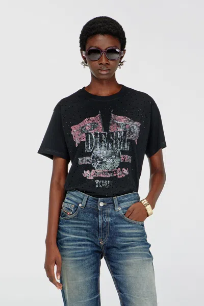 Diesel T-shirt With Concert Graphics And Crystals In Black